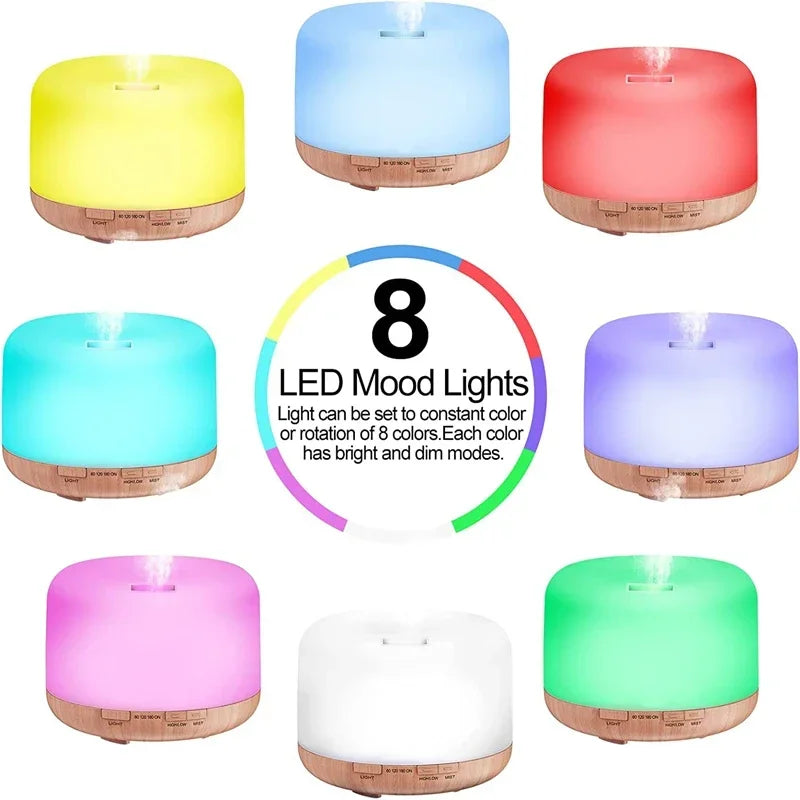 Mini Wood Grain Aroma Diffuser – 500ML USB Essential Oil Humidifier with Colorful Night Lights for Home Air Purification