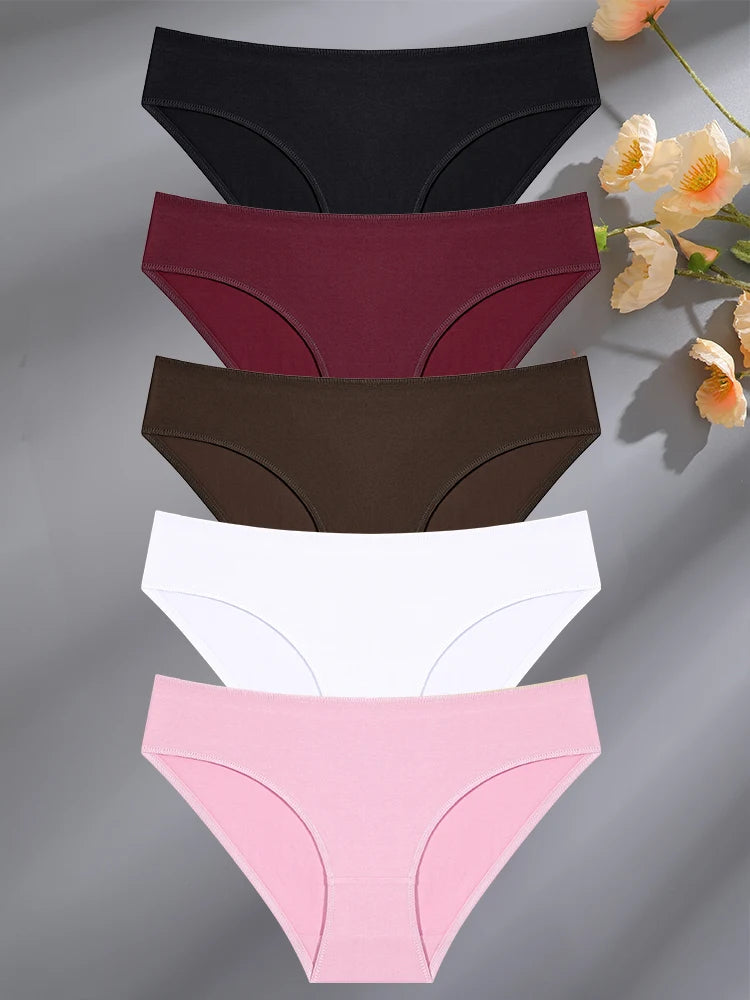 FINETOO 5PCS Set Women's Cotton Lingerie Panties S-XL Sexy Solid Color Underwear Briefs