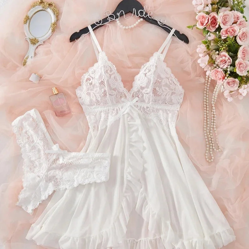 Women's Sexy Lace Lingerie Set | V-Neck Slim Soft Nightdress & Bra | Solid Color Erotic Sleepwear
