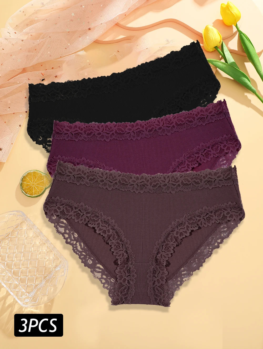 3PCS Set Women's Sexy Lace Cotton Low Rise Panties Floral Seamless Soft Breathable Underwear S-XL