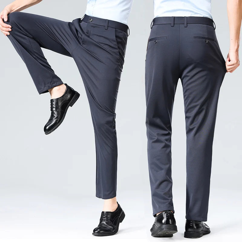 Men's Summer Thin Straight Stretch Pants – Casual No-Iron Silky Cool Fabric Trousers 29-42