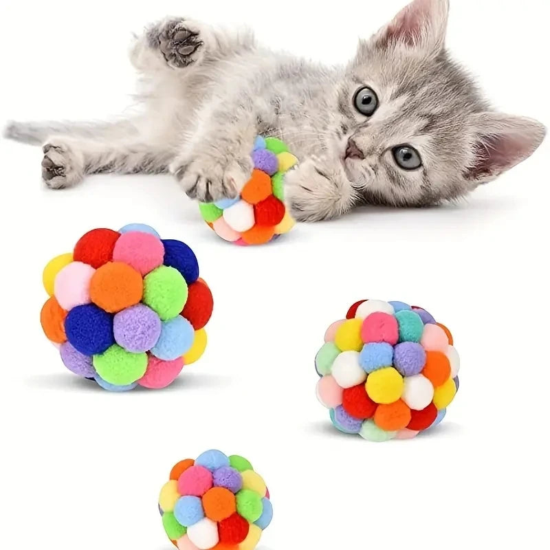 1 or 3PCS Colorful Plush Cat Balls – Elastic Bell Woolen Toys for Interactive Play