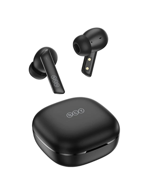 Black wireless earbuds with charging case on a pink background with QCY branding.