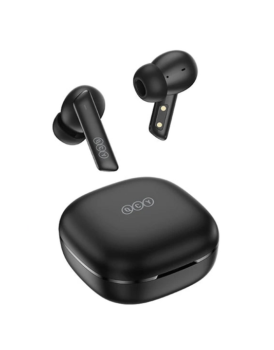 Black wireless earbuds with charging case on a pink background with QCY branding.