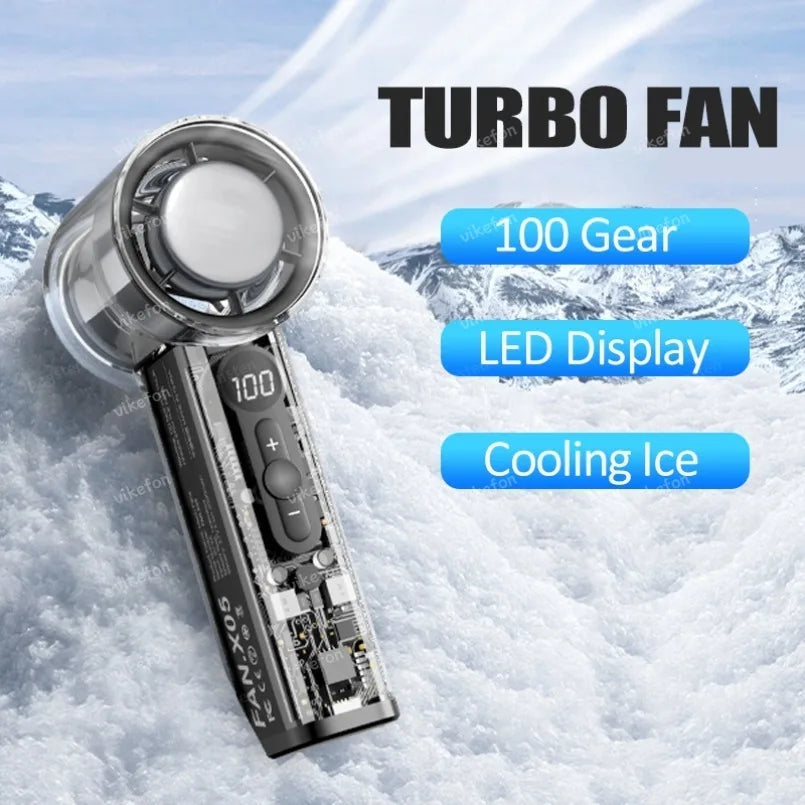 Portable Handheld Turbo Fan – 3000mAh Rechargeable Mini Fan with Ice Cooling, 100-Speed LED Digital Display for Travel & Office