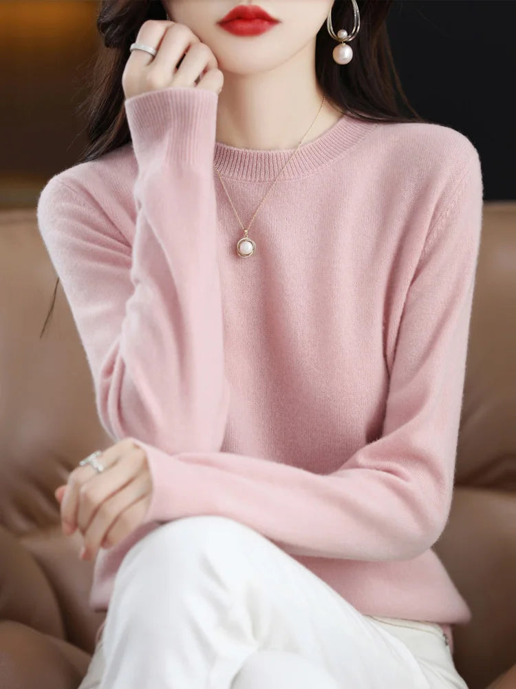 Fashion 100% Merino Wool Cashmere O-Neck Sweater Women Long Sleeve Knitwear
