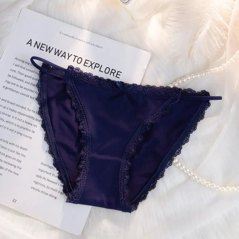 Ice Silk Women's Lace Low Waist Sexy Thong Panties Solid Color Bikini G-String Lingerie