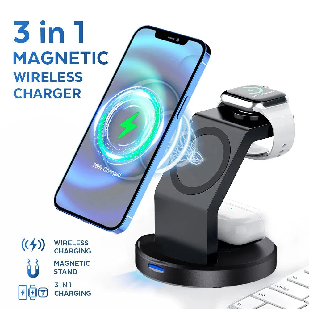 3-in-1 Magnetic Wireless Charger Stand – MagSafe Fast Charging Dock for iPhone 12/13/14/15 Pro Max, Apple Watch & AirPods