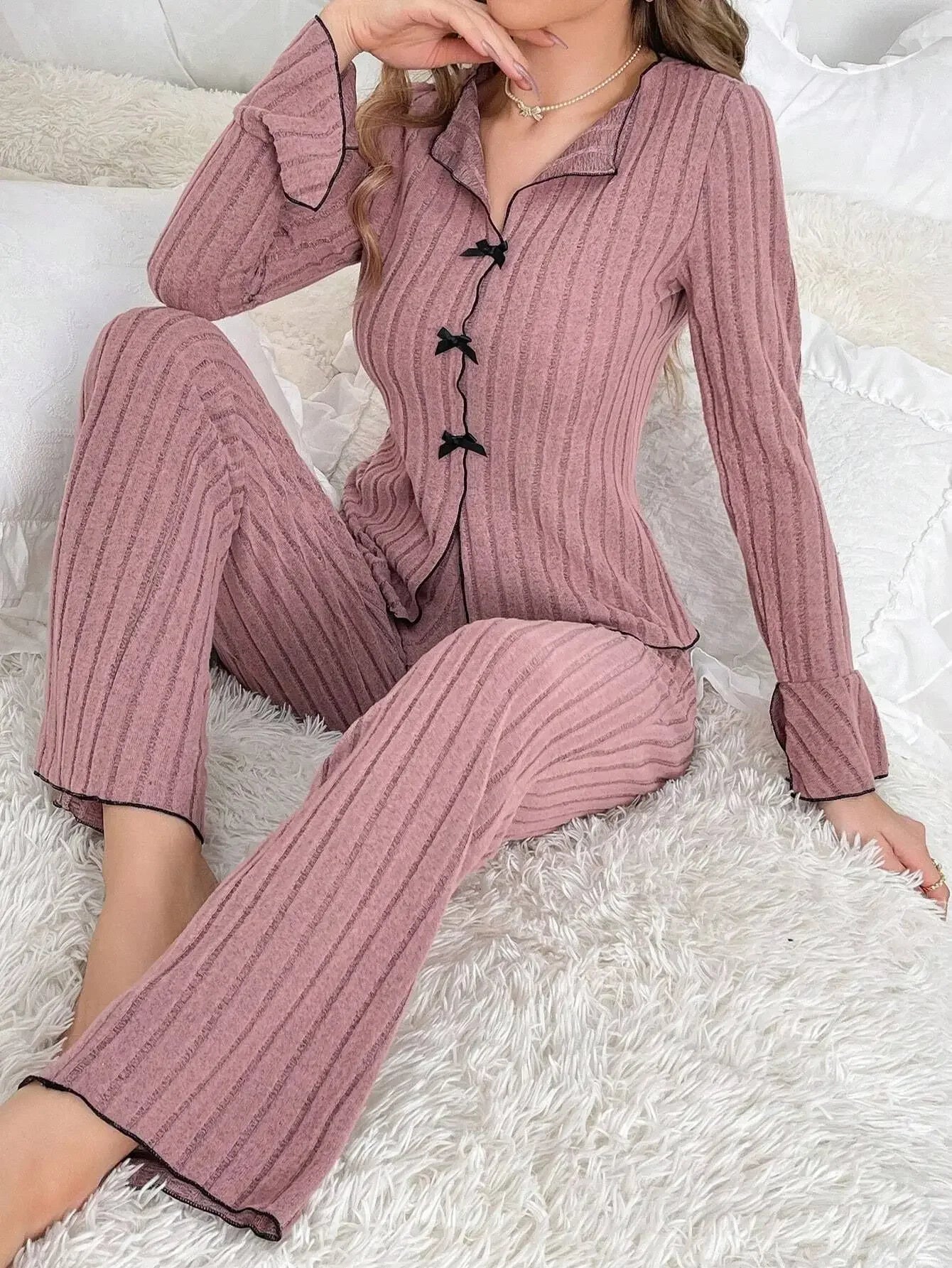 Women's Autumn & Winter Flannel Pajama Set | Warm Long Sleeve Lapel Top with Bow & Trousers | Cozy Home Sleepwear