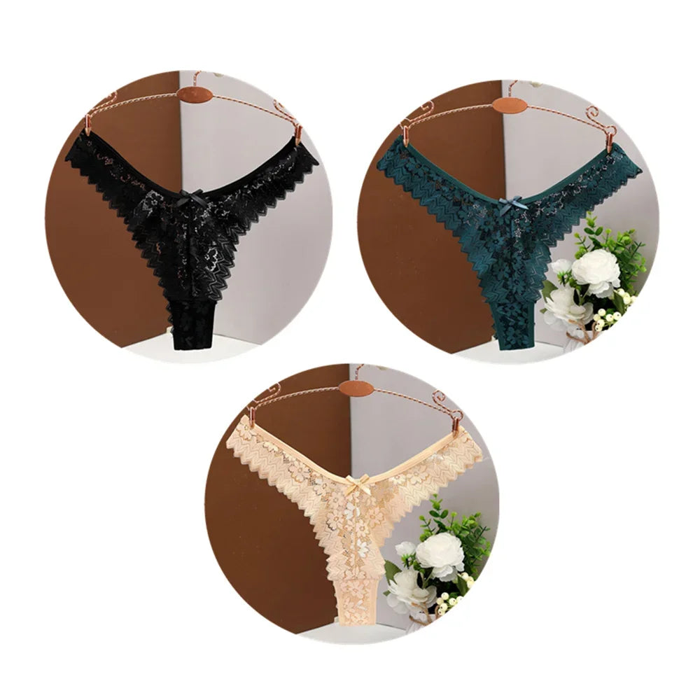 3PC Sexy T-Back Thong Panties for Women – Mid Waist Lace Transparent V-Shape Underwear