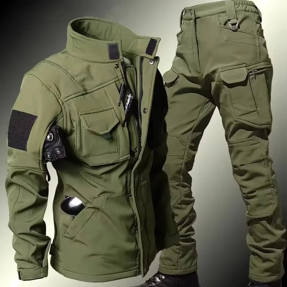Men’s Waterproof Shark Skin Tactical Fleece Soft-Shell Jacket + Windproof Warm Cargo Pants (2-Piece Set)