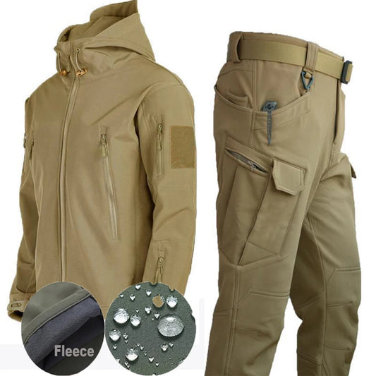 Men’s Fleece Waterproof Tactical Jacket Set – Warm Elastic Hooded Outdoor Hiking & Fishing Tracksuit S-5XL