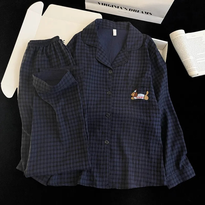 Autumn Women's Plaid Pajama Set | Korean Style Embroidered Dog 2-Piece Soft Vintage Sleepwear