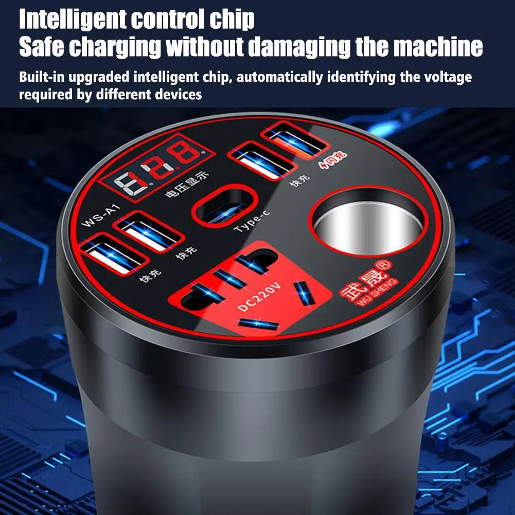 200W Car Power Inverter – 12V/24V to 220V Converter with LED Display & Fast Charging Socket