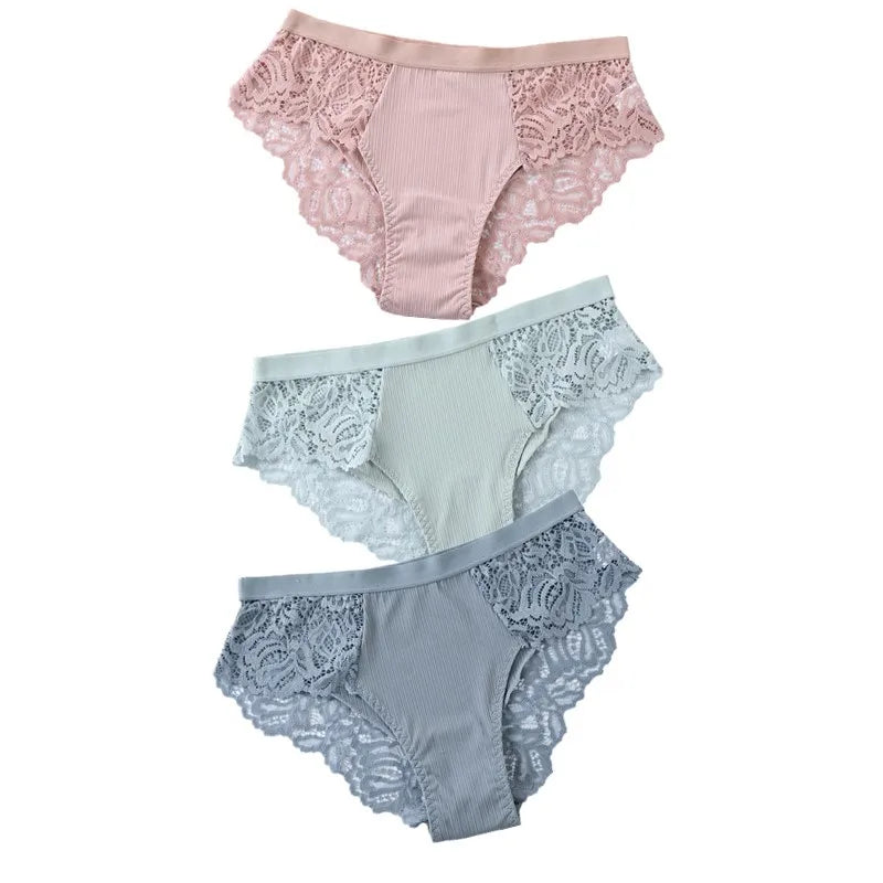 3Pcs Cotton Lace Panties for Women - Sexy Floral Briefs Underwear Lingerie Plus Size