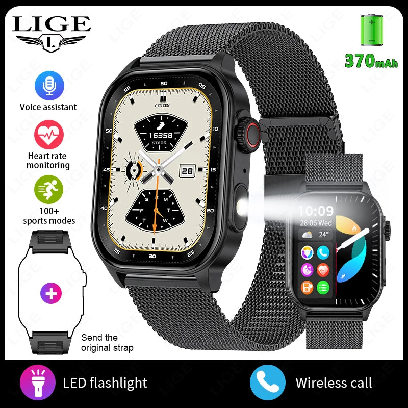 LIGE New Smart Watch | 2.01” HD Screen, AI Voice, Bluetooth Call, Flashlight, Sports & Health Monitor Smartwatch