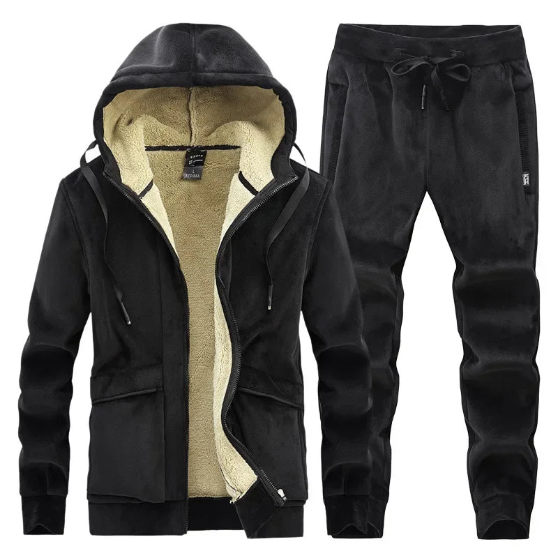 Men’s Winter Cashmere Fleece Tracksuit – Thick Warm Hooded Thermal 2-Piece Hoodie & Pants Set