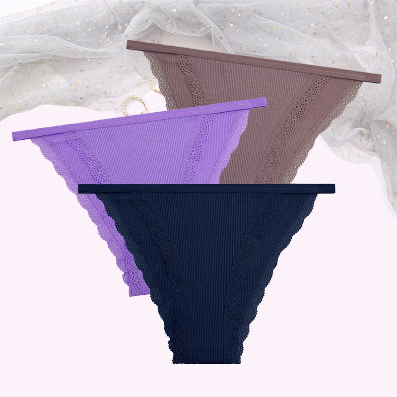 FINETOO Women's Cotton Lace Panties 3PCS Set S-XL Comfortable Soft Underwear Intimates