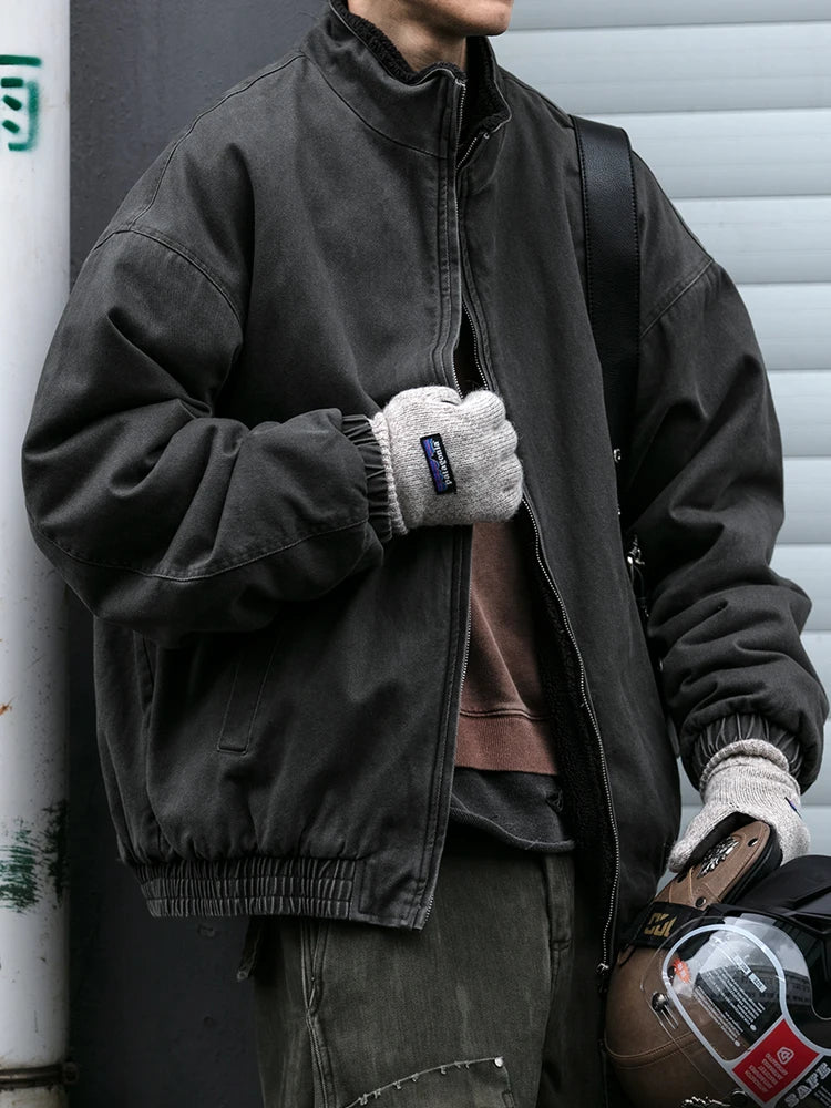 Men’s Japanese Vintage Polar Fleece Jacket – Thick Warm Korean Streetwear Coat for Winter