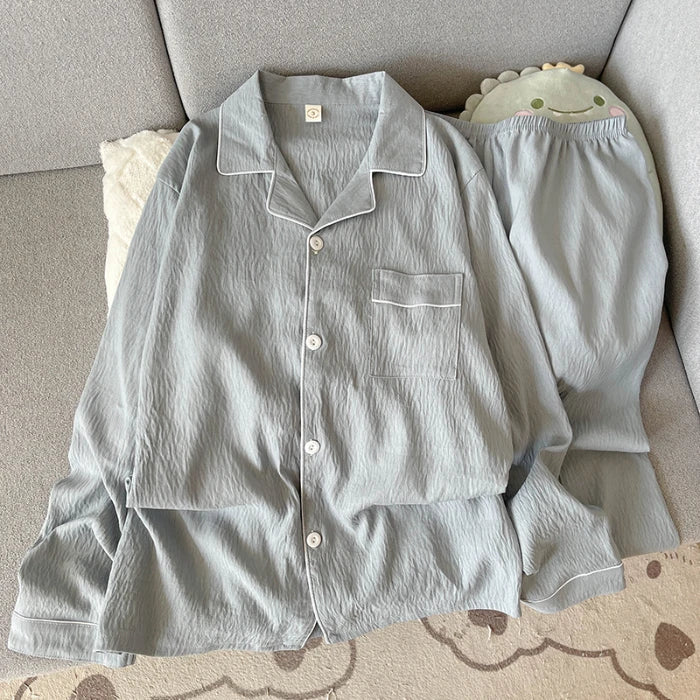 Autumn Men's Pajama Set | Solid Color Plus Size Lapel Neck Long Sleeve Top & Pants | Casual Soft Oversized Loungewear 2-Piece