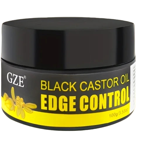 GZE Black Castor Oil Edge Control product with features on a beige background