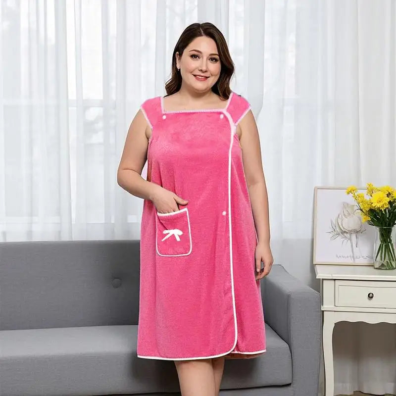 Women's Plus Size Wearable Bath Towel – Cute Bow Adjustable Shower Skirt Bath Robe with Pocket