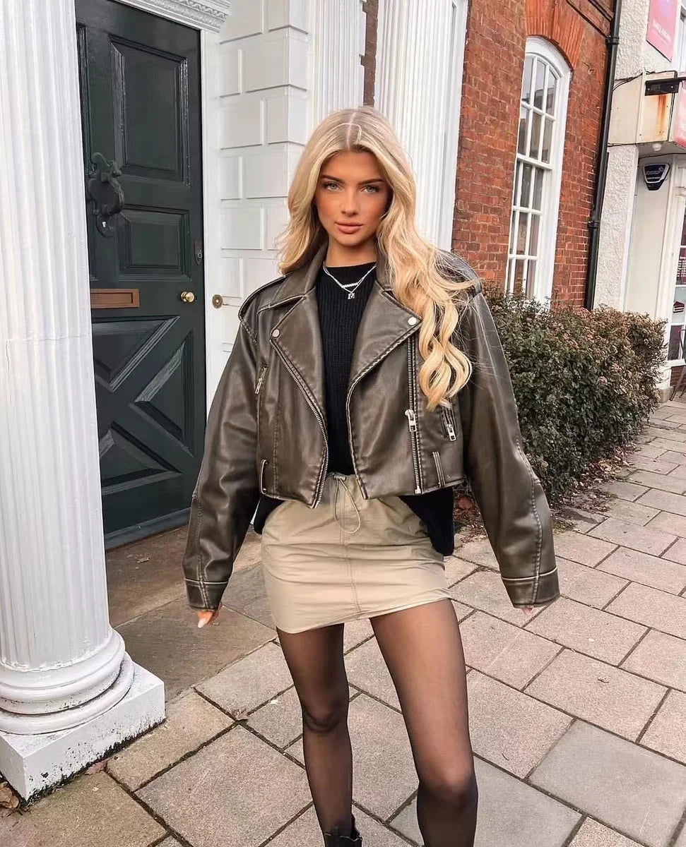 2025 Women's Washed Coal Gray Leather Jacket with Belt Short Vintage Lapel Coat and Downgraded Zipper