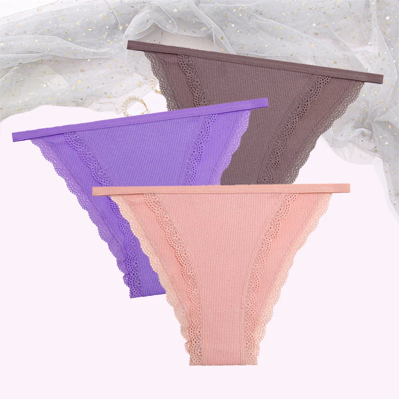 FINETOO Women's Cotton Lace Panties 3PCS Set S-XL Comfortable Soft Underwear Intimates