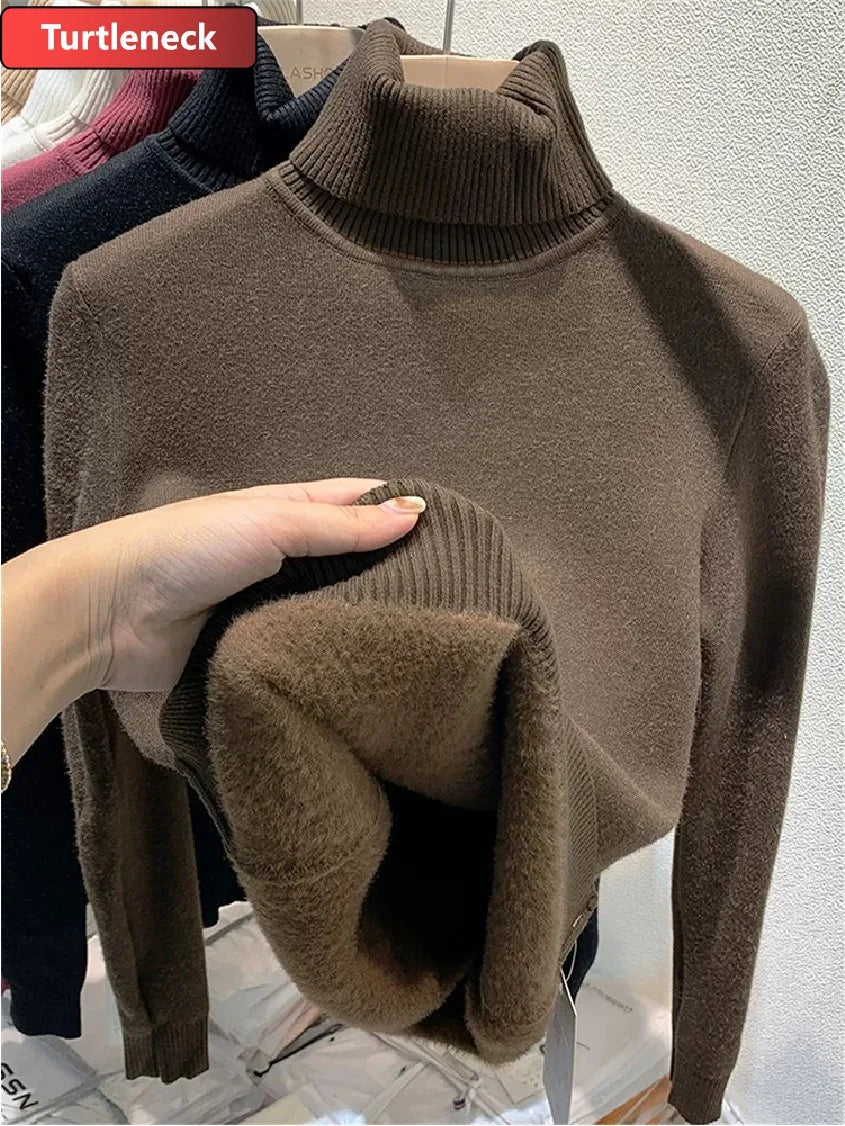 Thick Velvet Turtleneck Sweater for Women – Korean Fashion Warm Lined Knit Pullover | Slim Winter Jumper Top