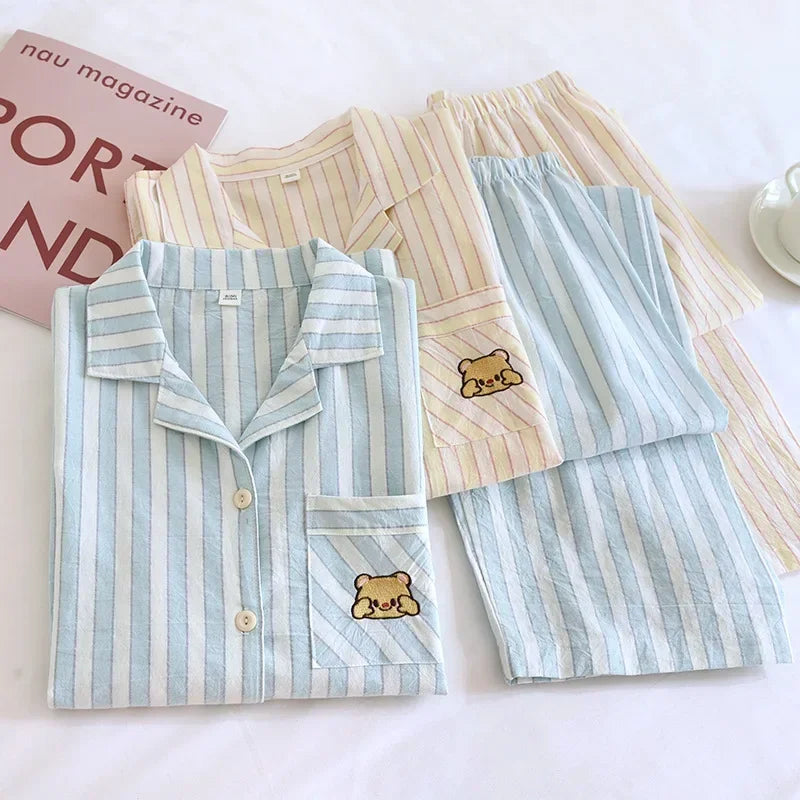 2025 Japanese Women's Striped Pajama Set | 100% Cotton Long Sleeve Two-Piece Sleepwear for Spring & Summer