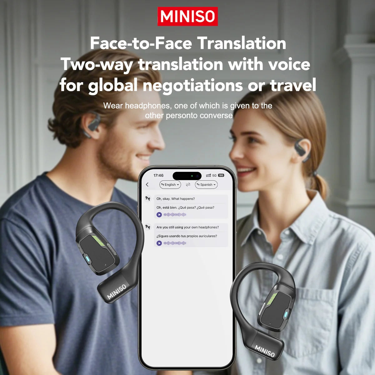 سماعات MINISO M98 AI Translator اللاسلكية - سماعات بلوتوث رياضية، سماعة ألعاب مع ASMR وترجمة التطبيقات، مقاومة للماء IPX5