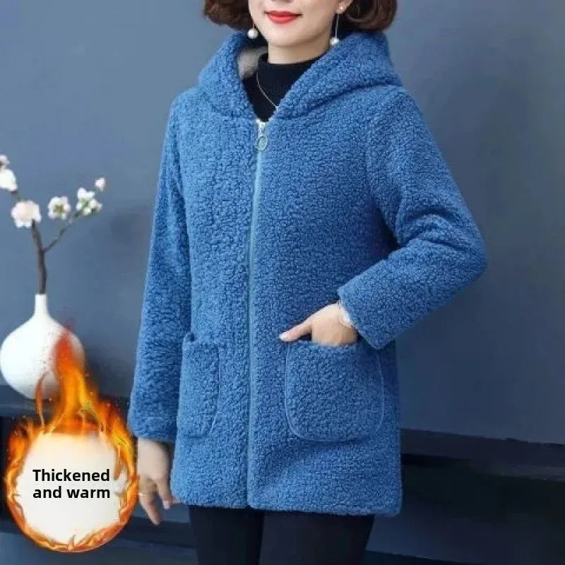 Thickened Hooded Cotton Jacket Women's Warm Winter Fleece-Lined Mommy Style Outerwear