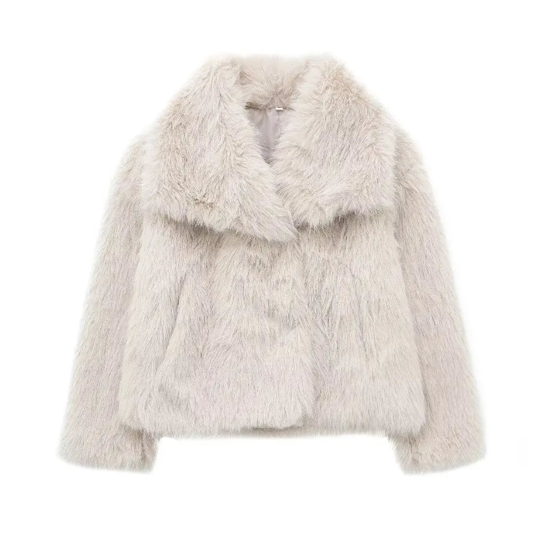 HH Women Fashion Cropped Faux Fur Jacket Long Sleeve Snap-Button Outerwear Chic Lapel Collar