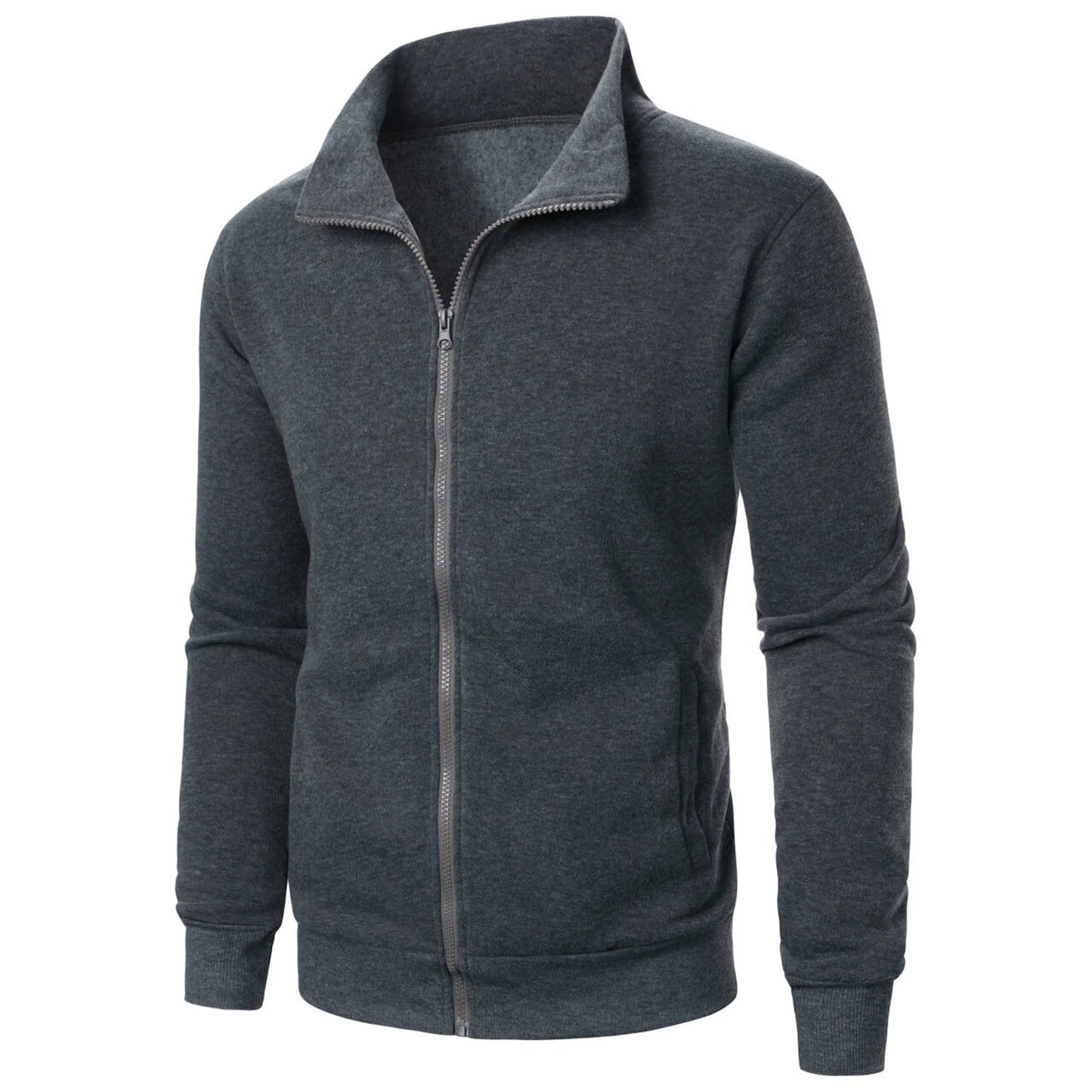 Men’s Casual Sports Jacket – Solid Color Zipper Stand-Up Collar Coat