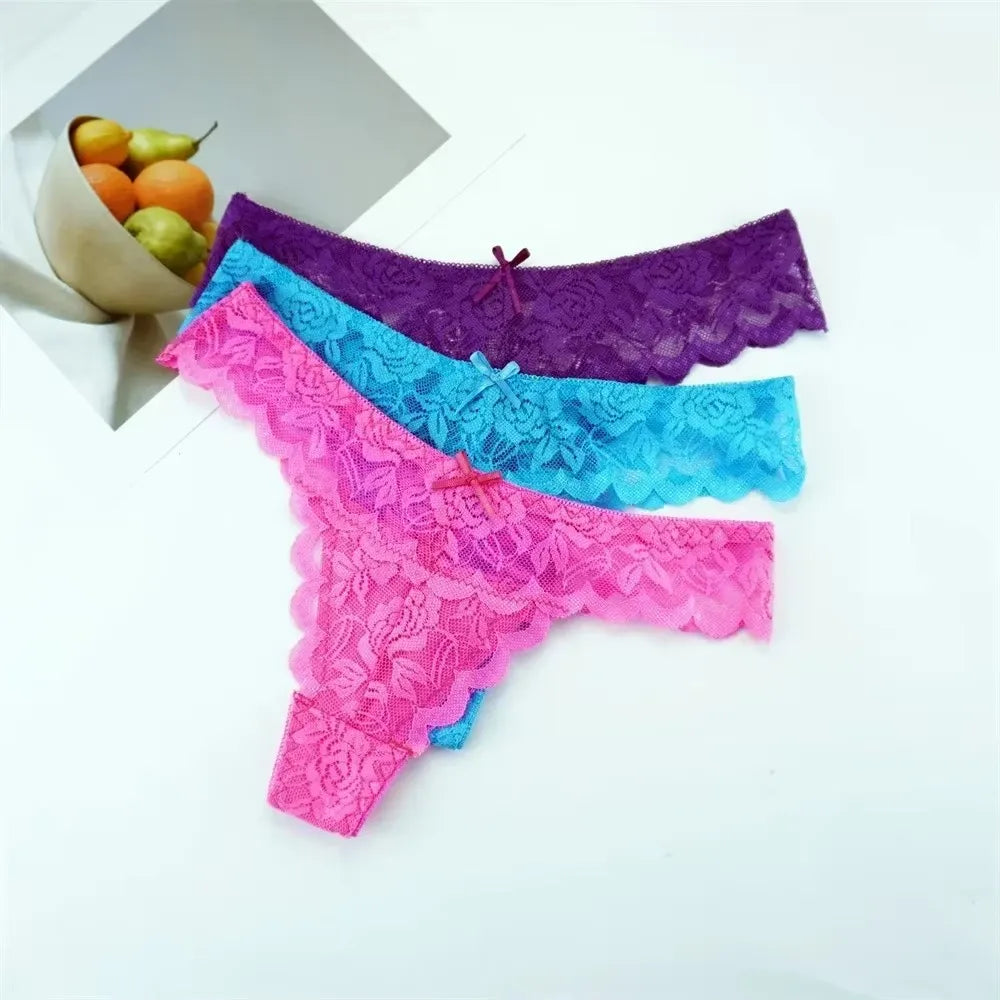 3PCS Ladies Sexy Low Waist Lace Thongs – Transparent G-String Panties, Soft Comfortable Underwear