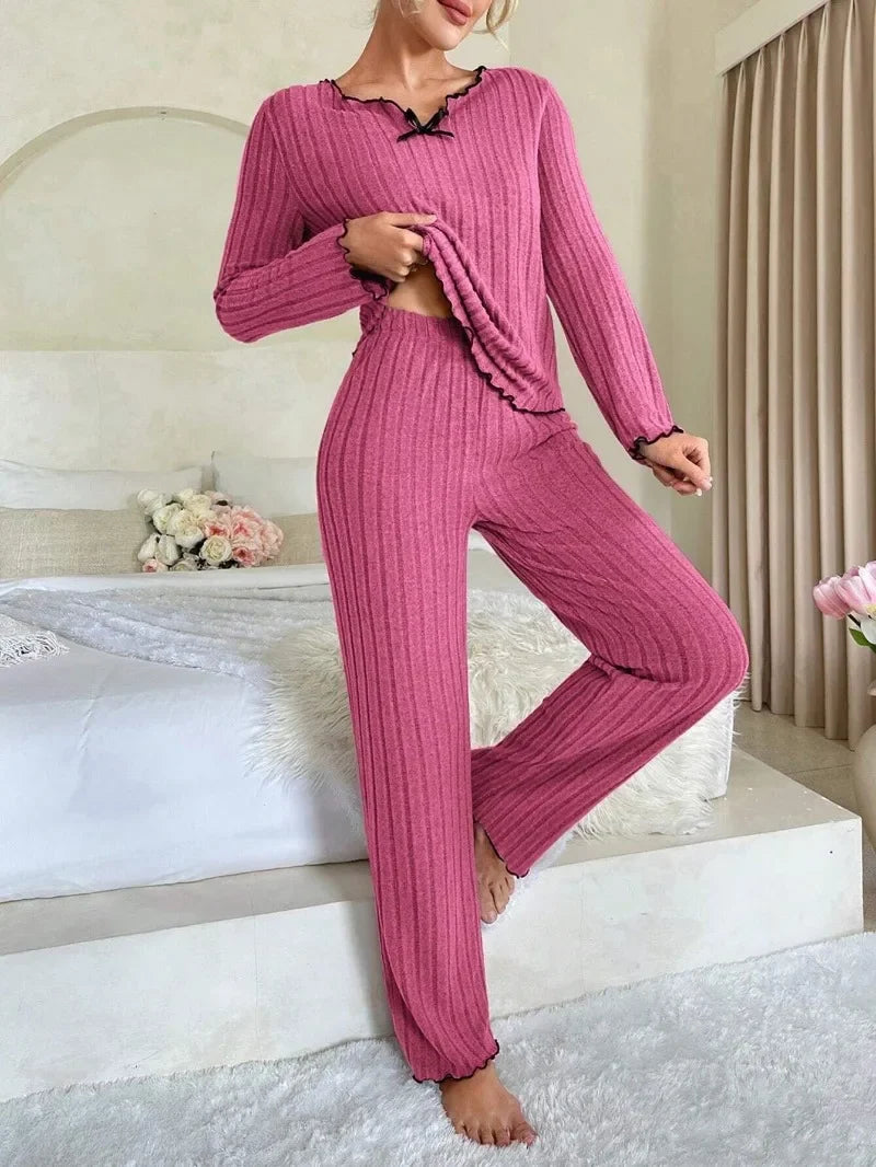 Autumn Winter Women's Ribbed Pajama Set | Long Sleeve Top & Pants 2-Piece Casual Homewear