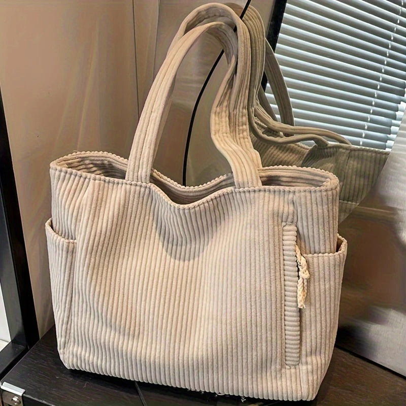 Women’s Corduroy Handbag • Large Capacity Shoulder Bag with Zipper • Casual Solid Color Tote for Daily & Commuter Use