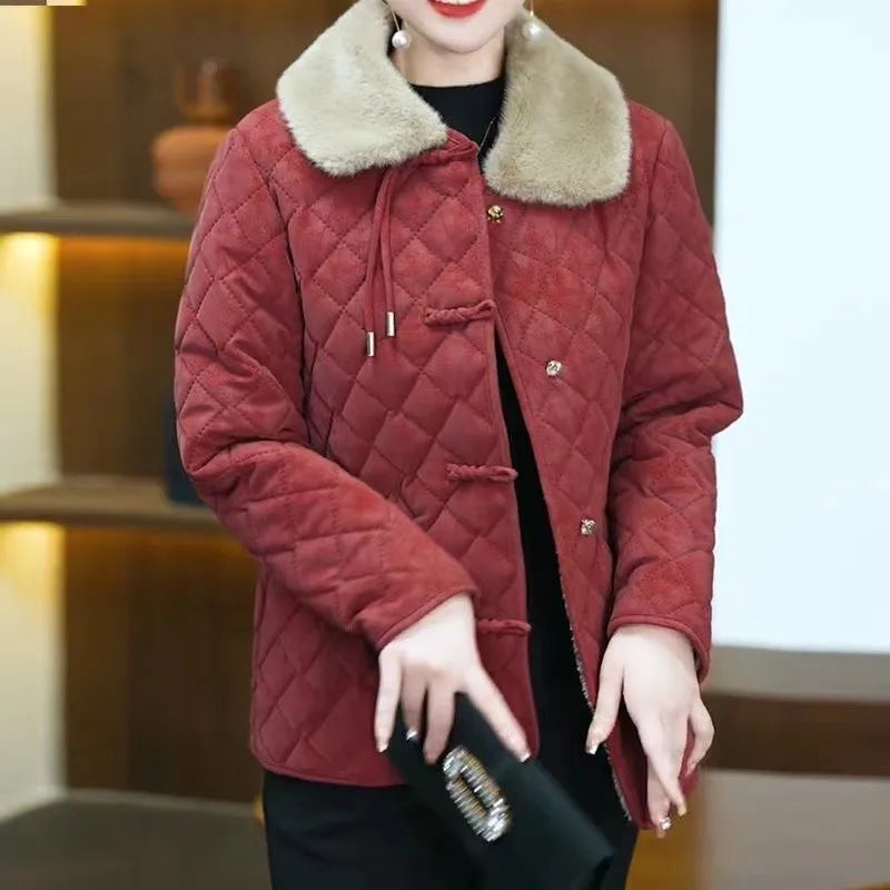 Winter Cotton Coat Women Lapel Warm Parka Quilted Plaid Cotton-Padded Overcoat