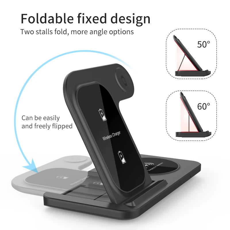 3-in-1 Wireless Charger Stand Pad – Foldable Fast Charging Dock for iPhone 12/13/14/15 Pro Max, Apple Watch & AirPods Pro