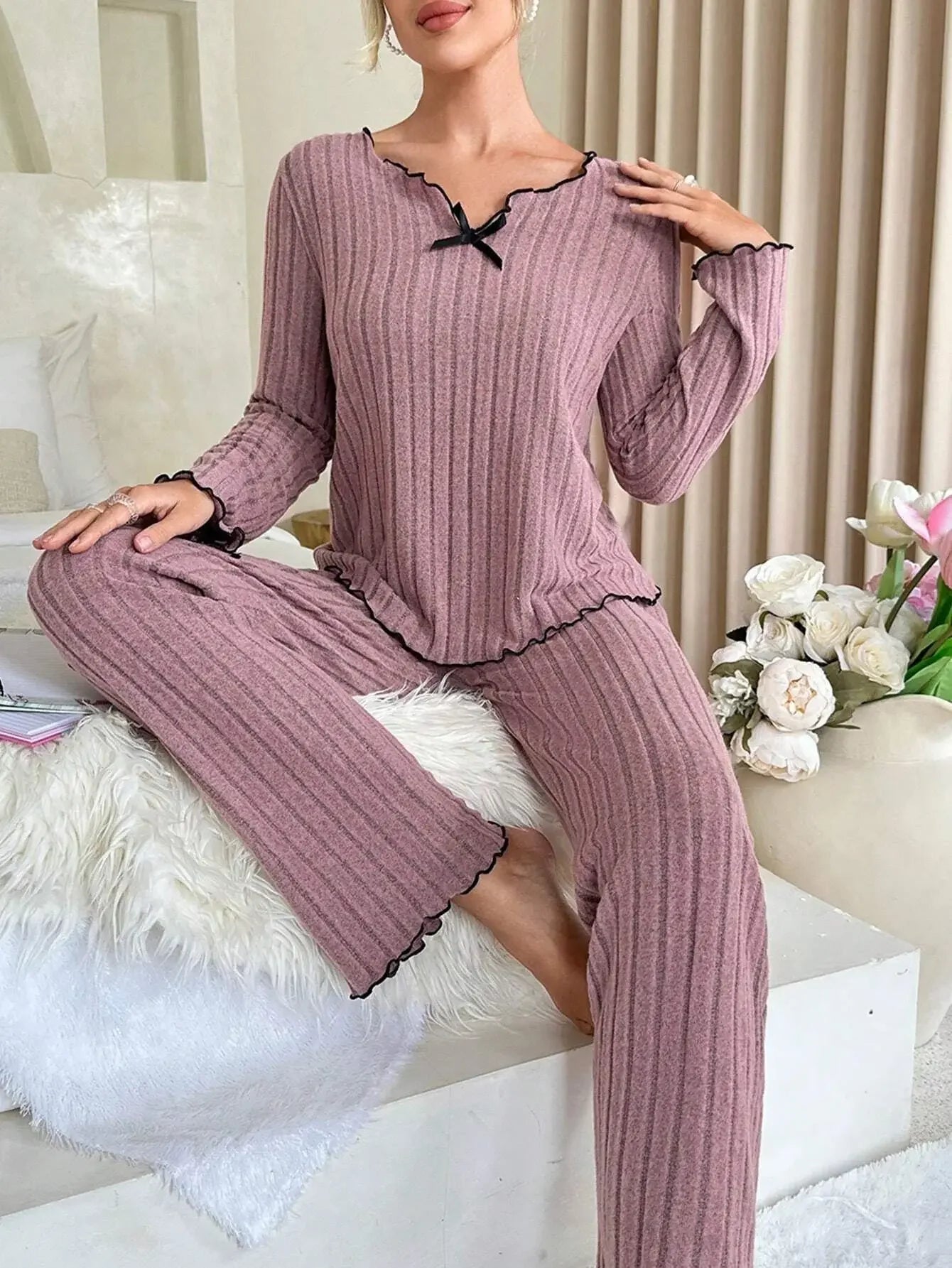 Autumn Winter Women's Ribbed Pajama Set | Long Sleeve Top & Pants 2-Piece Casual Homewear
