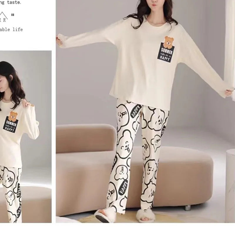 Plus Size Women's Pajama Set | Long Sleeve Top & Trousers | Autumn & Winter Cute Cartoon Bear Two-Piece Sleepwear