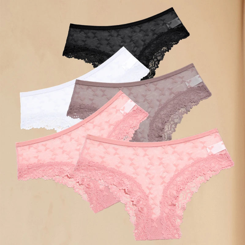 FINETOO 5PCS Women's Lace Hollow Out Panties Sexy Floral Solid Color Underwear Lingerie S-XL