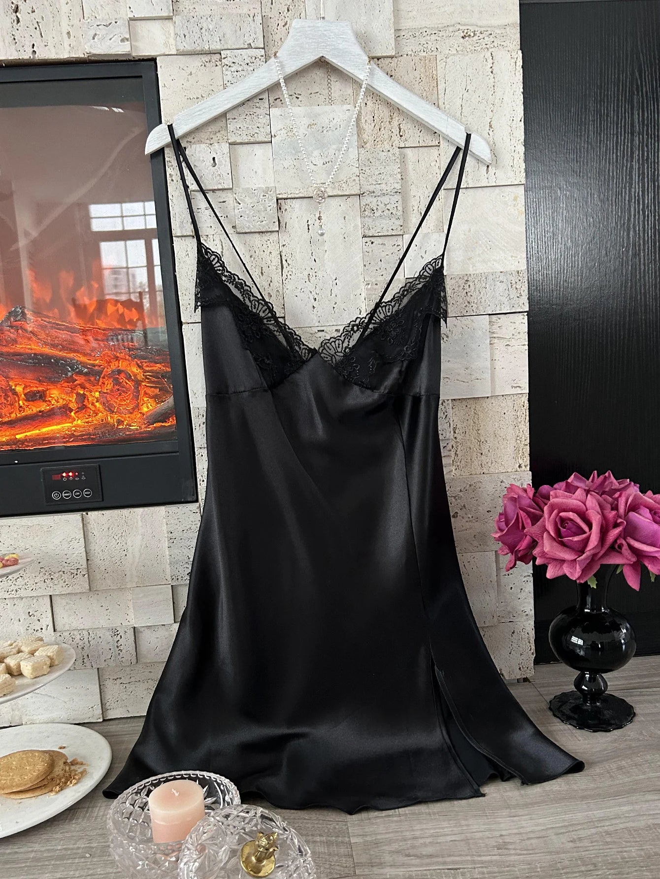 Women's Satin Nightdress | V-Neck with Lace Slit Design | Comfortable Elegant Sleepwear Pajamas