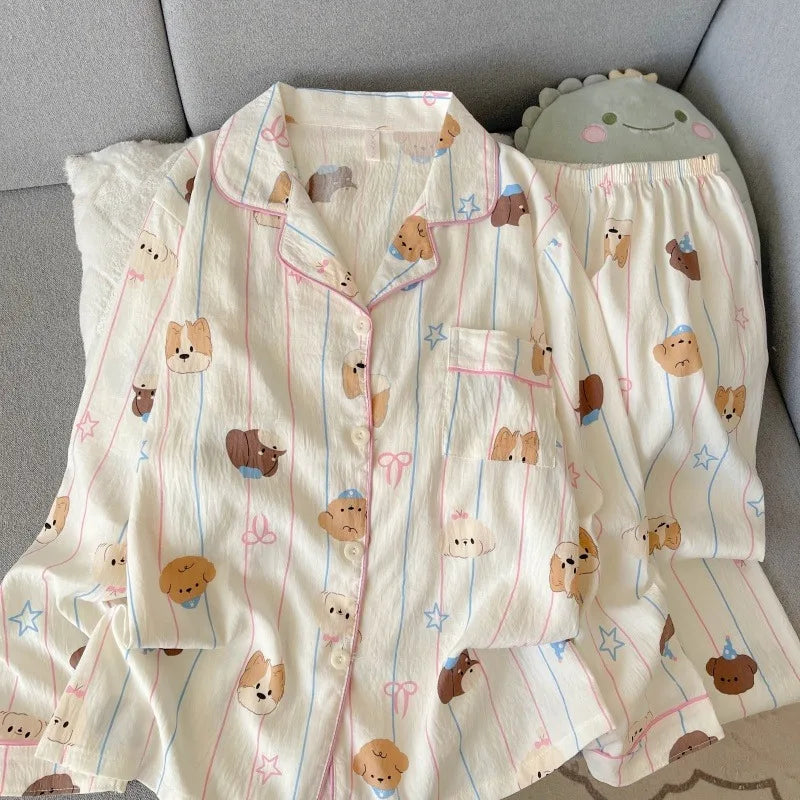 Autumn Women's Kawaii Pajama Set | Harajuku Style Line Star Dog Print 2-Piece Cute Loungewear
