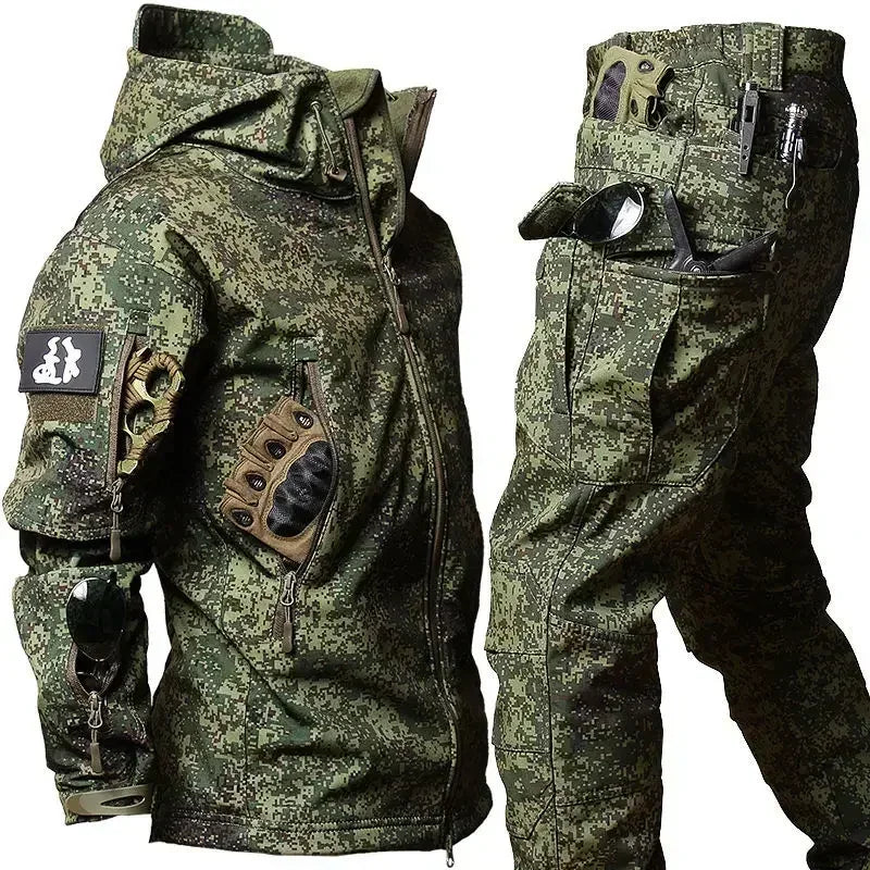 Taktisches Softshell-Winterset für Herren – Winddichter, wasserdichter, warmer Kampfanzug mit mehreren Taschen, Tarnmuster für die Jagd