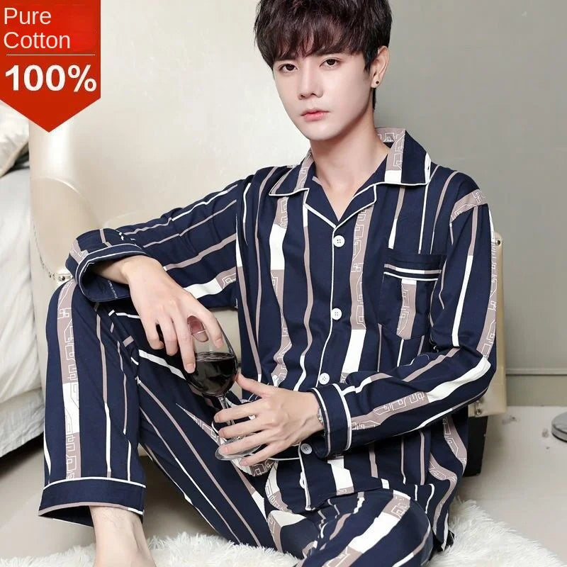 Men's Fall & Winter Cotton Pajama Set | Long Sleeve Top & Pants | Thin Comfortable Homewear for Middle-Aged Men