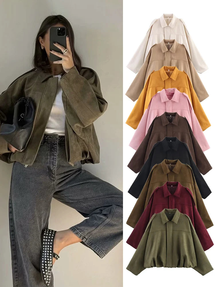 TFMLN Women Suede Bomber Jacket Spring New Fashion Long Sleeve Zipper Oversize Solid Coat Chic Lady 2025 Streetwear