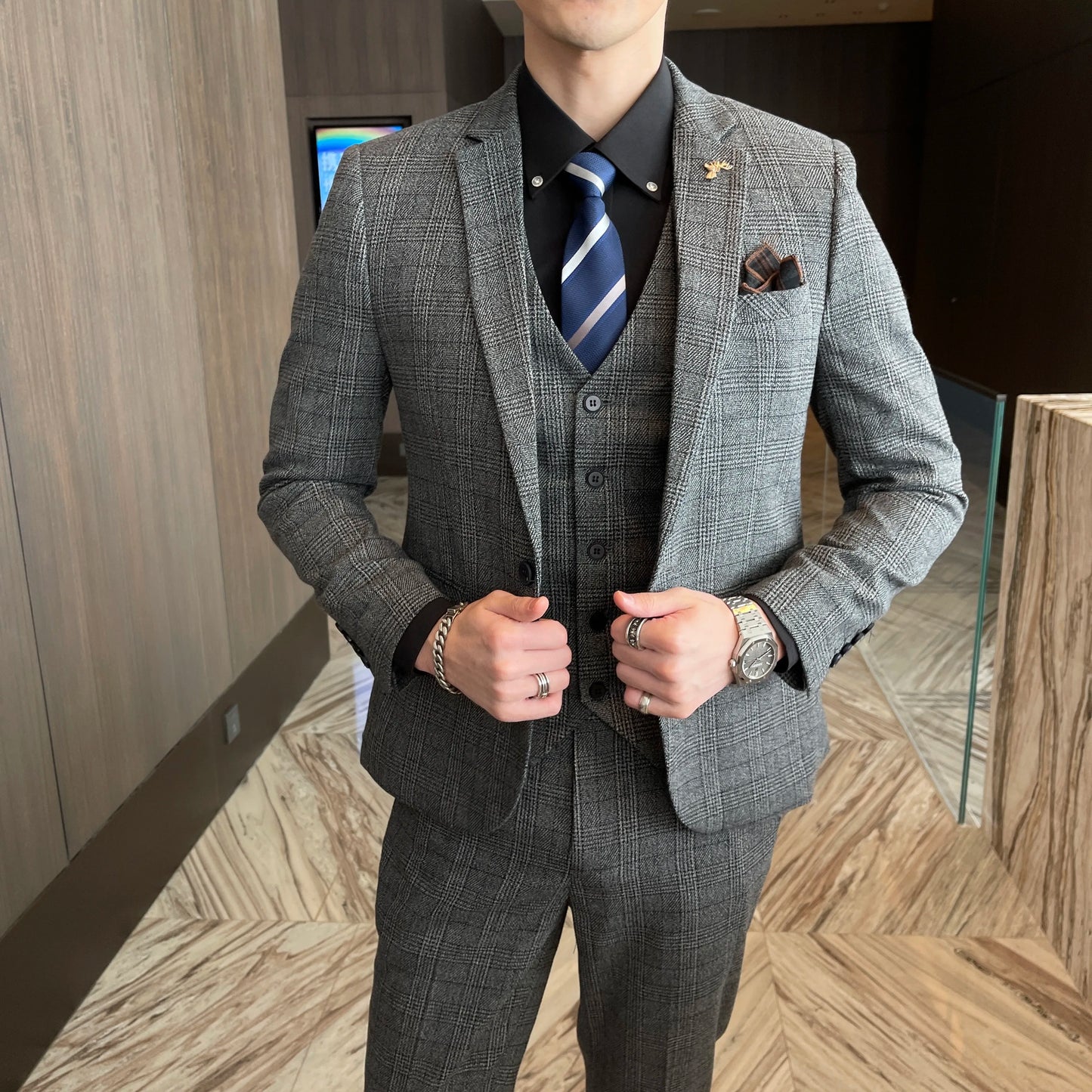 Men's British Korean Style 3-Piece Plaid Suit – Stylish Business Casual Outfit