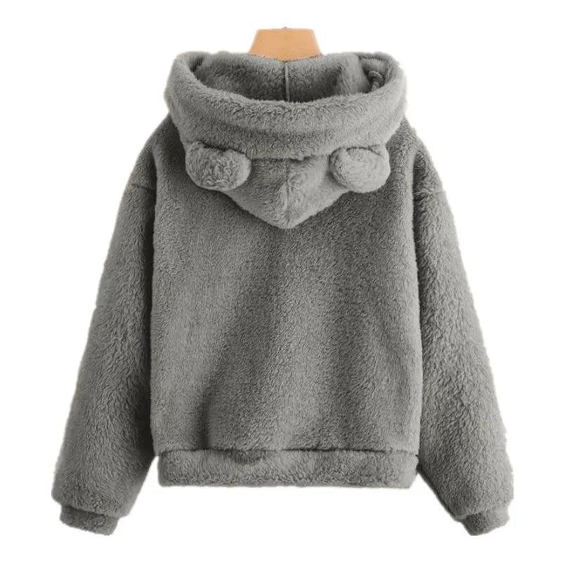 Autumn Winter Women's Long Sleeve Rabbit Ear Hood Plush Sweatshirt Cute Warm Hoodie