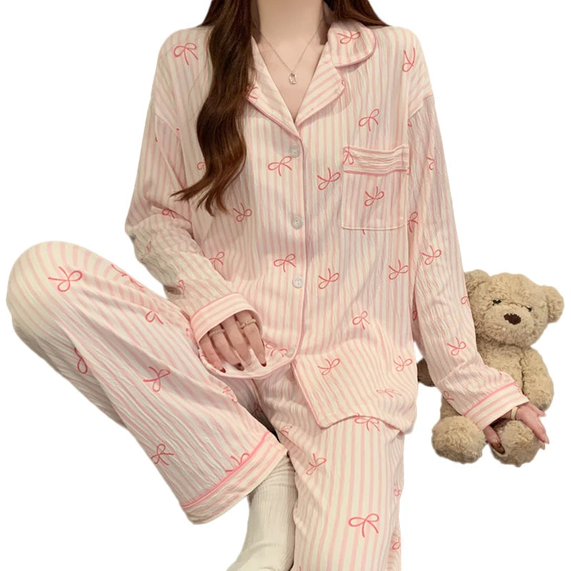 Women's Pink Bow Pajama Set | Harajuku Style Long Sleeve Top & Elastic Waist Pants Sleepwear